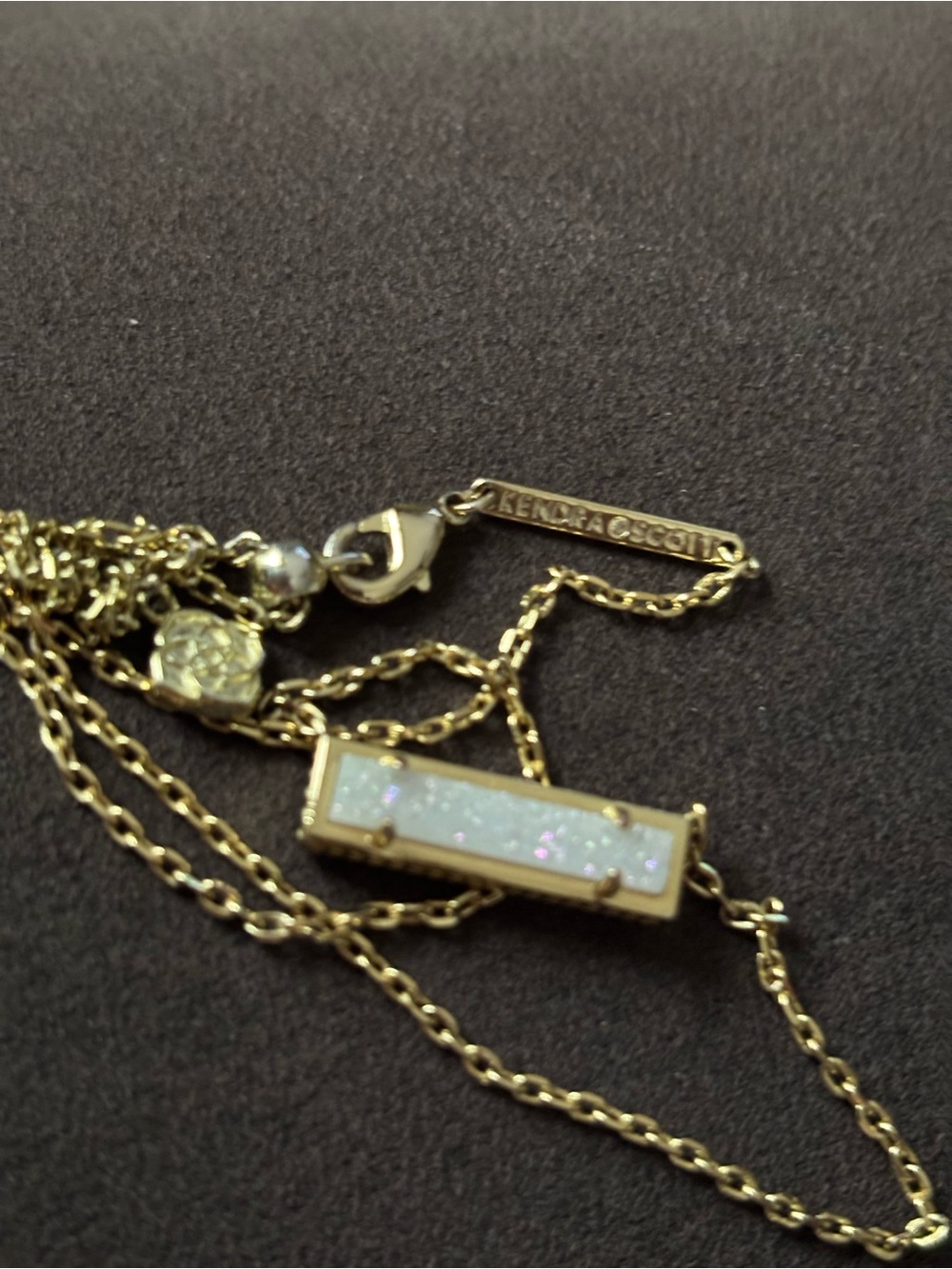 Kendra Scott Gold Bar Necklace with White Iridescent Drusy